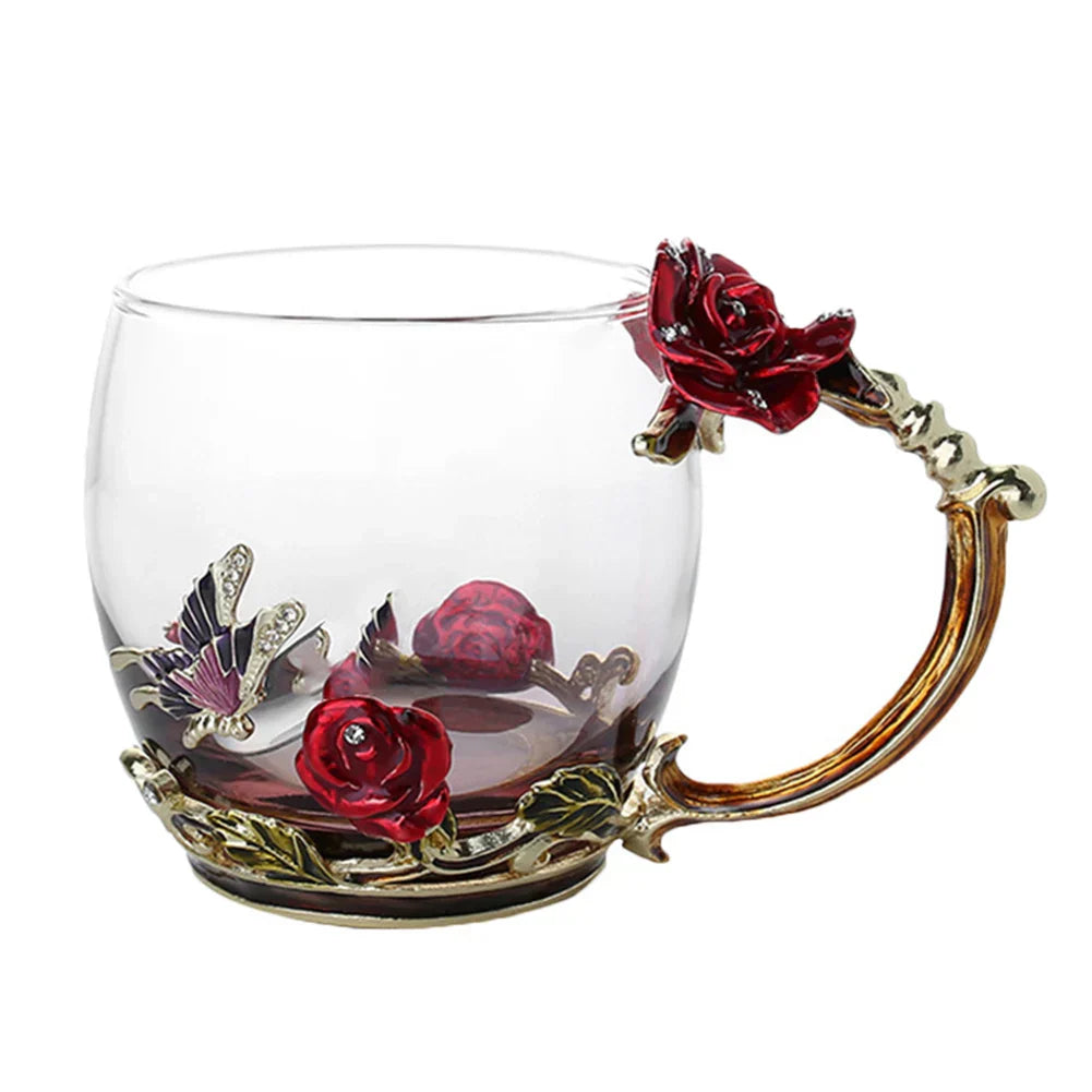 Skorter | Handcrafted Enamel Coffee Mugs Rose-Glass Tea Cup with Steel Spoon Luxury Unique Gifts for Wedding Valentine's Day Birthday Gifts