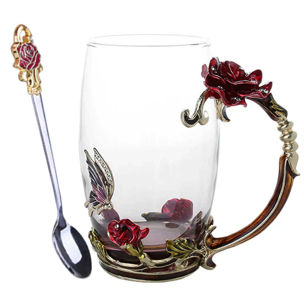 Skorter | Handcrafted Enamel Coffee Mugs Rose-Glass Tea Cup with Steel Spoon Luxury Unique Gifts for Wedding Valentine's Day Birthday Gifts - Image 28