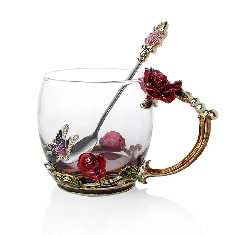 Skorter | Handcrafted Enamel Coffee Mugs Rose-Glass Tea Cup with Steel Spoon Luxury Unique Gifts for Wedding Valentine's Day Birthday Gifts - Image 22