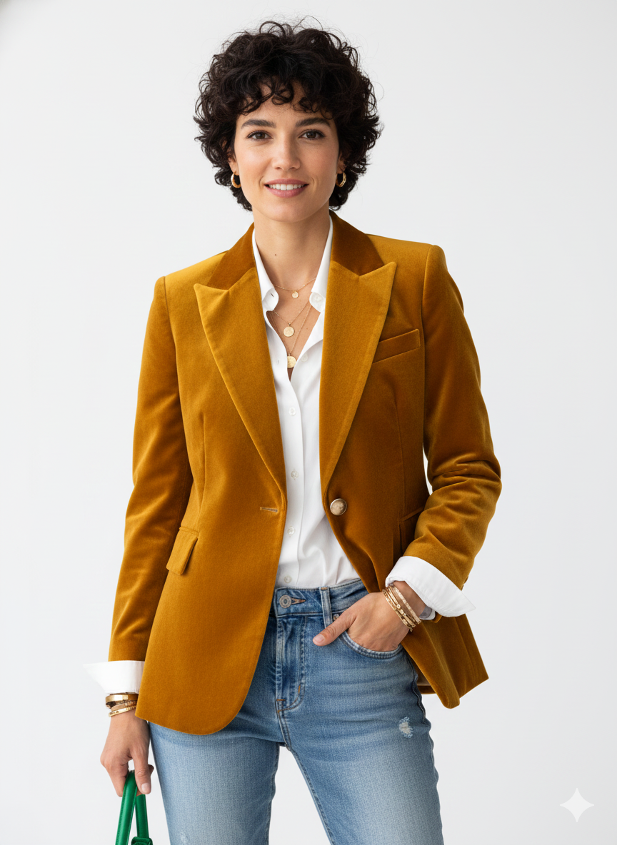 Women's Fashionable Retro Velvet Blazer with Gold Buttons