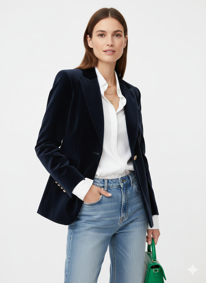 Women's Fashionable Retro Velvet Blazer with Gold Buttons