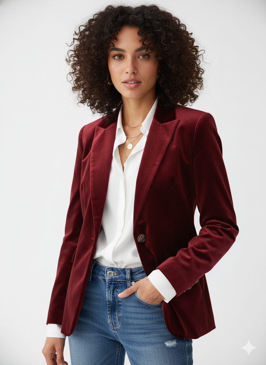 Women's Fashionable Retro Velvet Blazer with Gold Buttons