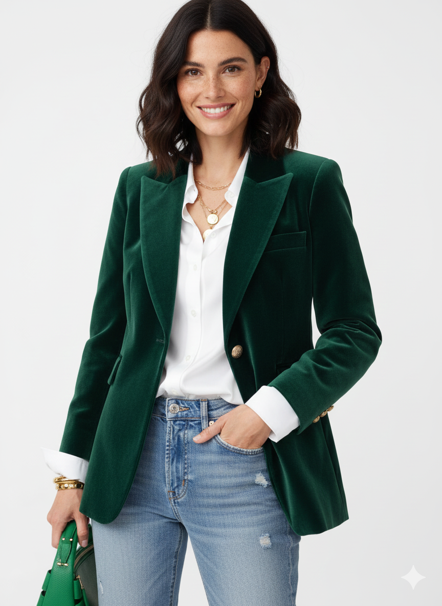 Women's Fashionable Retro Velvet Blazer with Gold Buttons