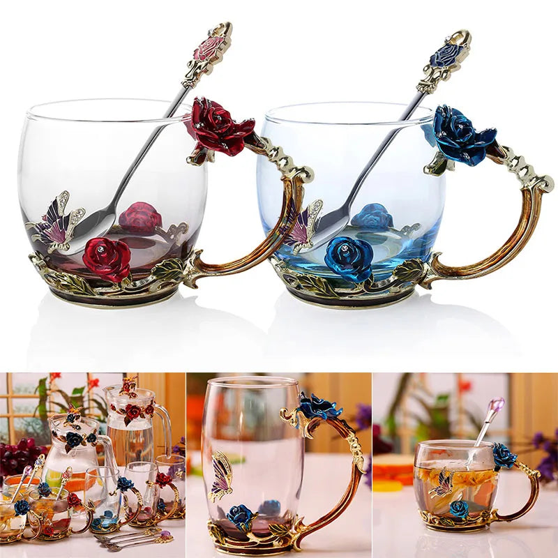Skorter | Handcrafted Enamel Coffee Mugs Rose-Glass Tea Cup with Steel Spoon Luxury Unique Gifts for Wedding Valentine's Day Birthday Gifts - Image 9