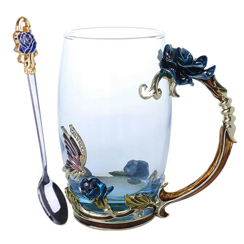 Skorter | Handcrafted Enamel Coffee Mugs Rose-Glass Tea Cup with Steel Spoon Luxury Unique Gifts for Wedding Valentine's Day Birthday Gifts - Image 11