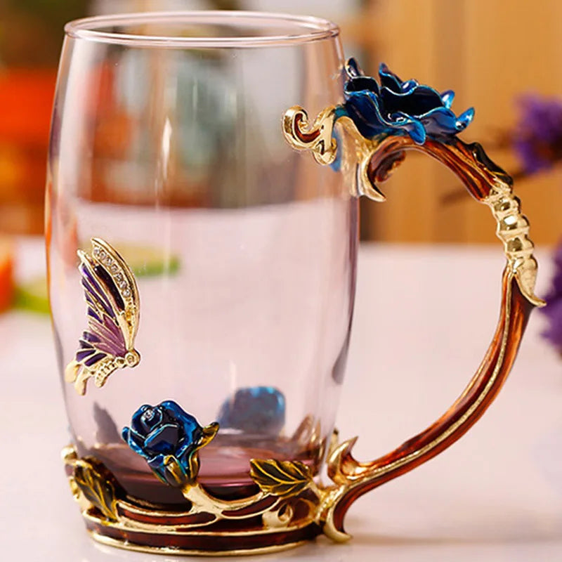 Skorter | Handcrafted Enamel Coffee Mugs Rose-Glass Tea Cup with Steel Spoon Luxury Unique Gifts for Wedding Valentine's Day Birthday Gifts - Image 27