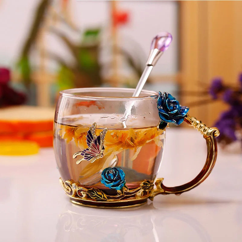 Skorter | Handcrafted Enamel Coffee Mugs Rose-Glass Tea Cup with Steel Spoon Luxury Unique Gifts for Wedding Valentine's Day Birthday Gifts - Image 5