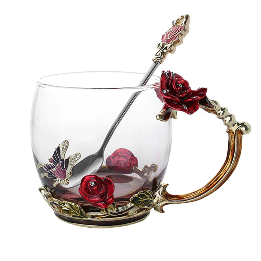 Skorter | Handcrafted Enamel Coffee Mugs Rose-Glass Tea Cup with Steel Spoon Luxury Unique Gifts for Wedding Valentine's Day Birthday Gifts - Image 29