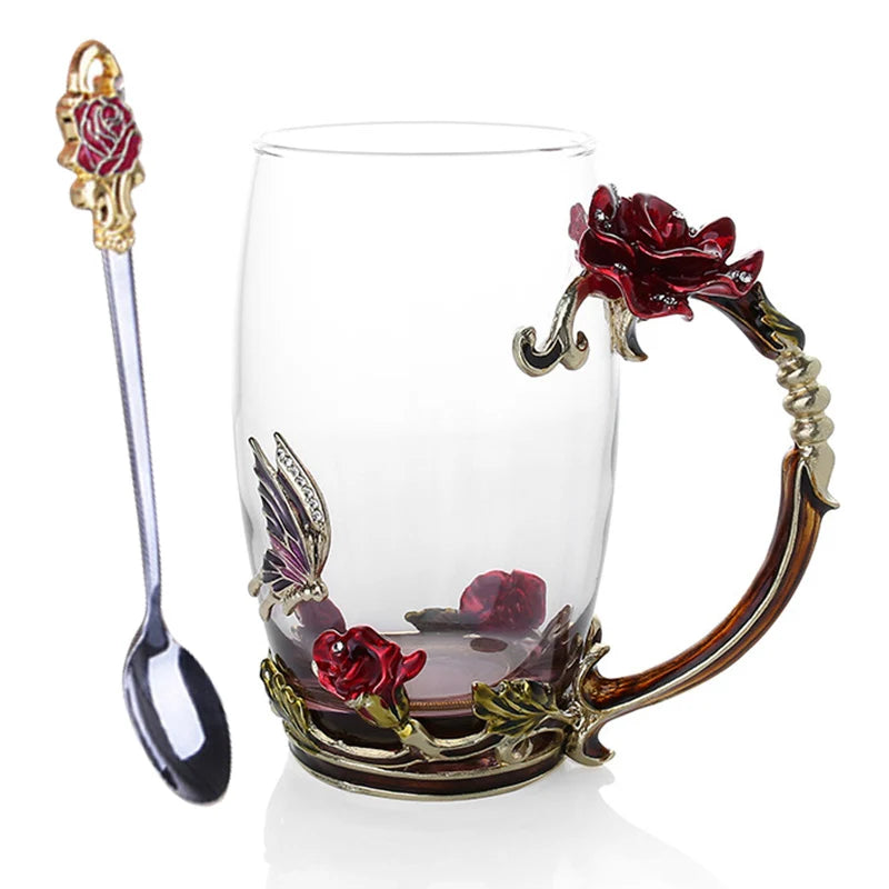 Skorter | Handcrafted Enamel Coffee Mugs Rose-Glass Tea Cup with Steel Spoon Luxury Unique Gifts for Wedding Valentine's Day Birthday Gifts - Image 25
