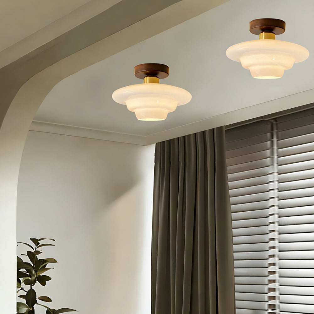 Scandinavian Walnut Wood Glass Flush Mount Ceiling Lamp E27 - Image 2