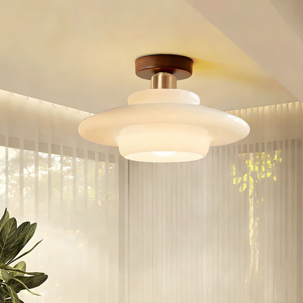 Scandinavian Walnut Wood Glass Flush Mount Ceiling Lamp E27 - Image 14