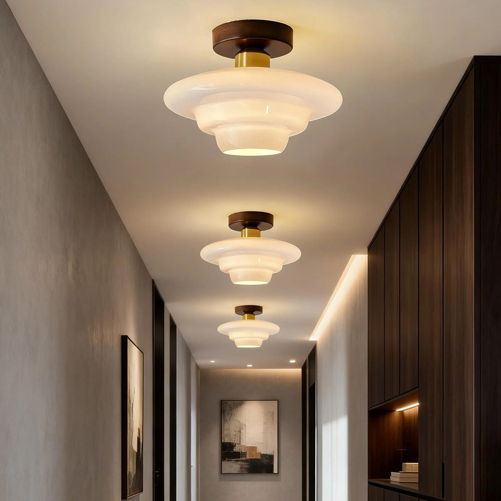 Scandinavian Walnut Wood Glass Flush Mount Ceiling Lamp E27 - Image 3