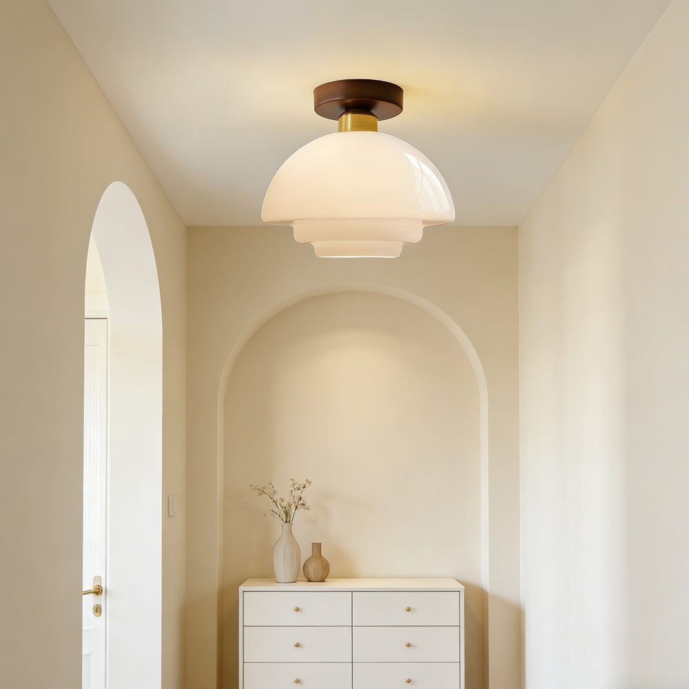 Scandinavian Walnut Wood Glass Flush Mount Ceiling Lamp E27 - Image 10