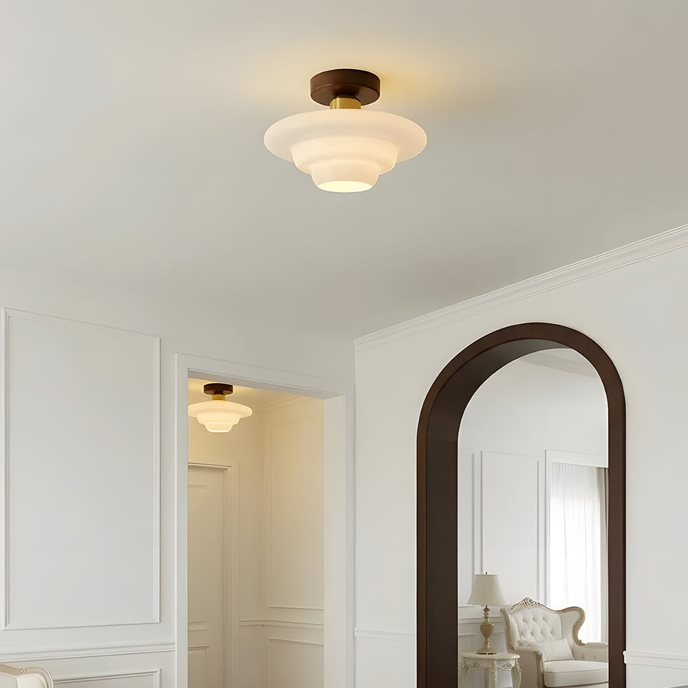 Scandinavian Walnut Wood Glass Flush Mount Ceiling Lamp E27 - Image 6