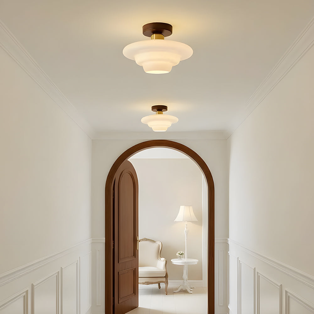 Scandinavian Walnut Wood Glass Flush Mount Ceiling Lamp E27 - Image 5