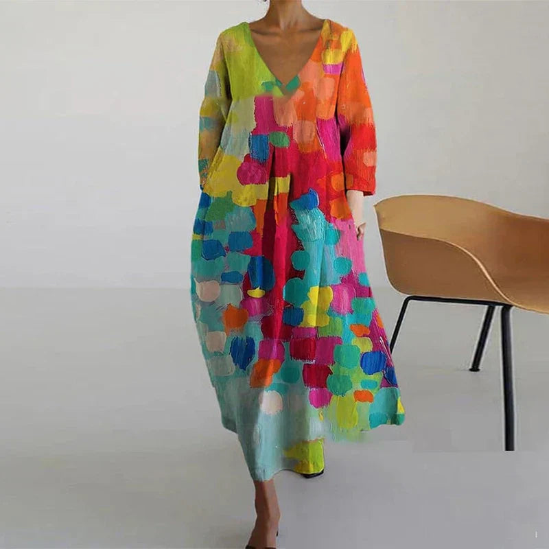 Artistic Statement Geometric Colorful V-Neck Summer Dress for Women