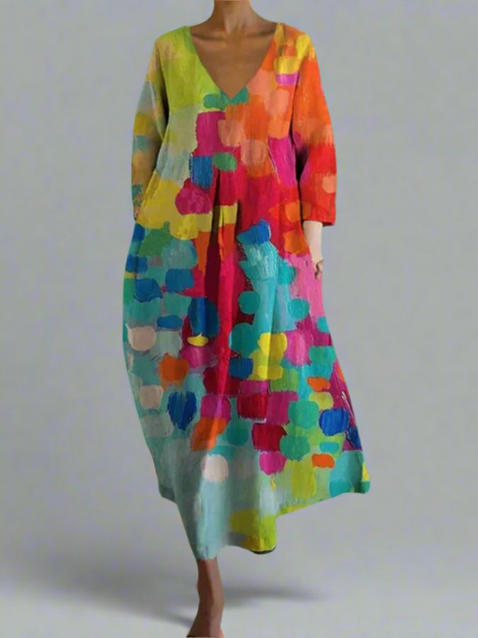 Artistic Statement Geometric Colorful V-Neck Summer Dress for Women