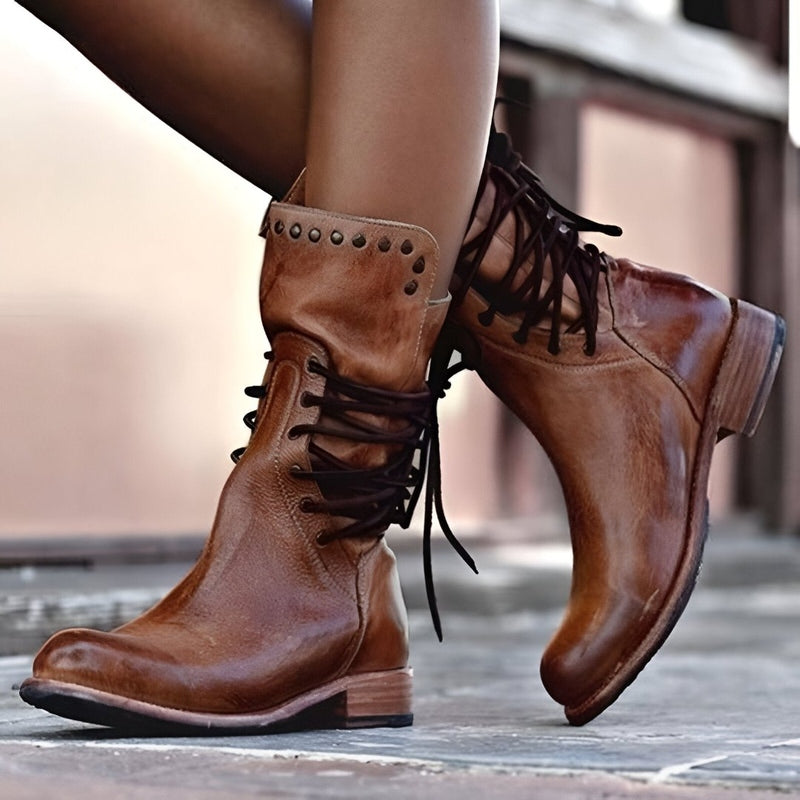 Bottes mode rétro à lacets cloutées pour femmes