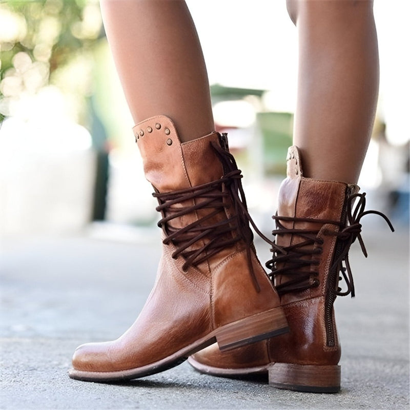 Bottes mode rétro à lacets cloutées pour femmes
