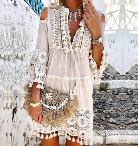 Women's Bohemian Tasseled Fringe Embroidered Mini Dress