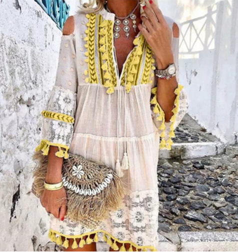 Women's Bohemian Tasseled Fringe Embroidered Mini Dress