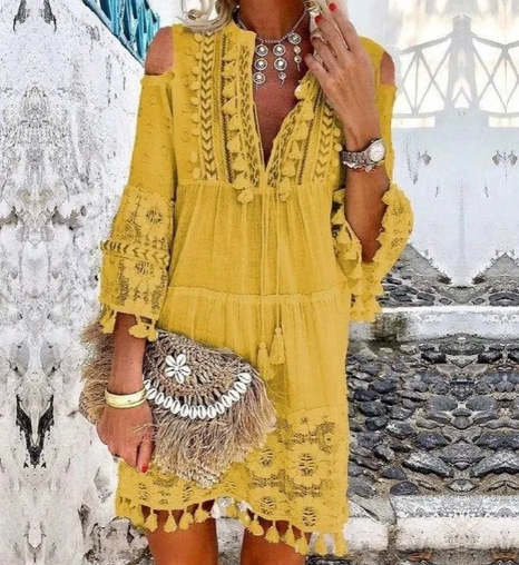 Women's Bohemian Tasseled Fringe Embroidered Mini Dress
