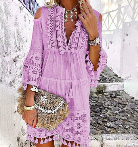Women's Bohemian Tasseled Fringe Embroidered Mini Dress