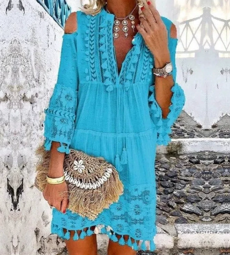 Women's Bohemian Tasseled Fringe Embroidered Mini Dress