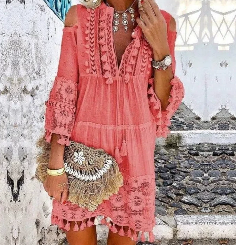 Women's Bohemian Tasseled Fringe Embroidered Mini Dress