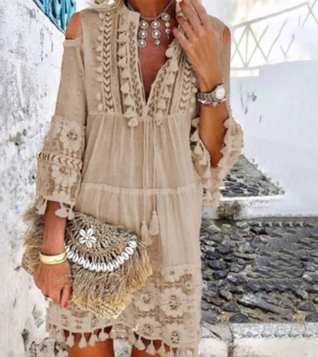 Women's Bohemian Tasseled Fringe Embroidered Mini Dress