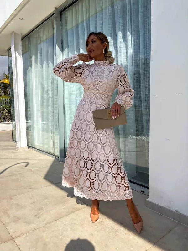 Women's Flattering Sleeves High Neckline Lace Midi Dress