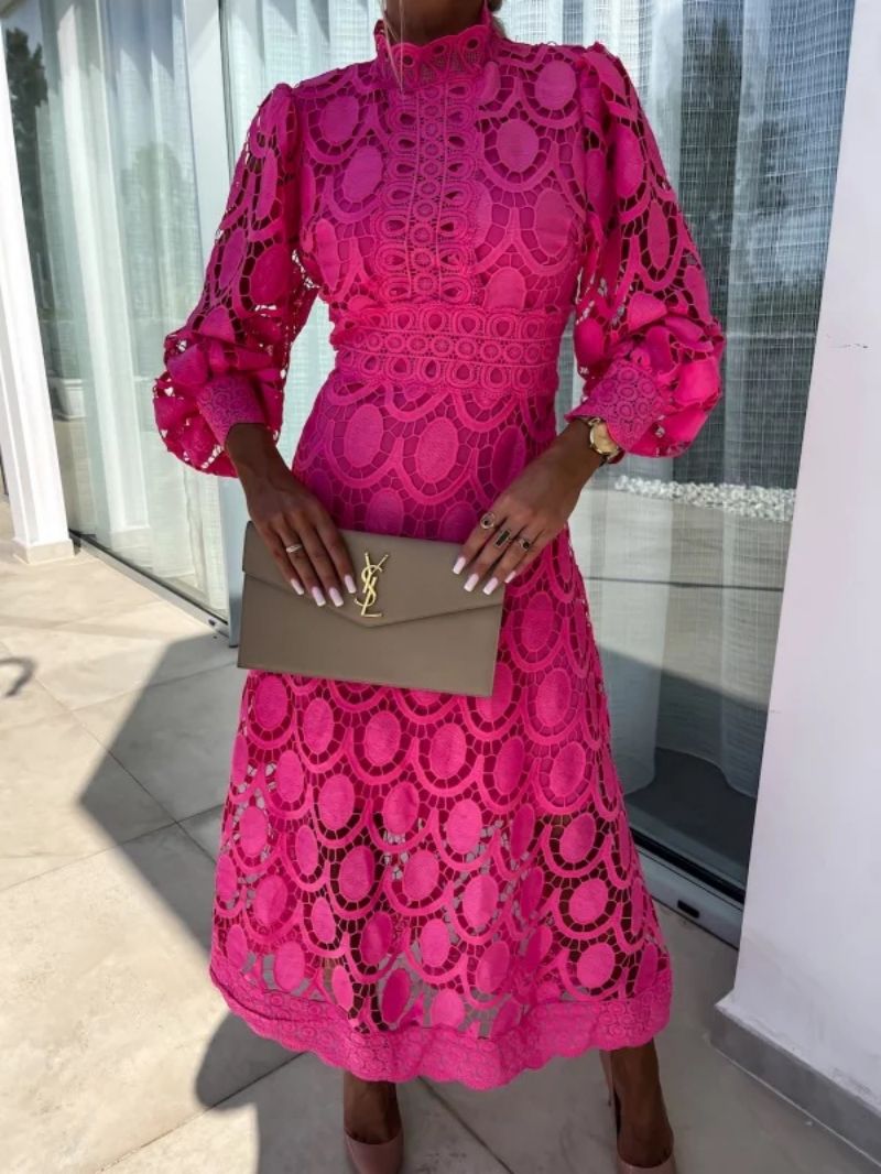 Women's Flattering Sleeves High Neckline Lace Midi Dress
