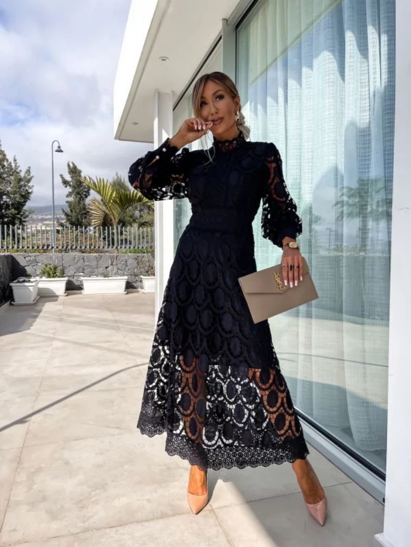 Women's Flattering Sleeves High Neckline Lace Midi Dress