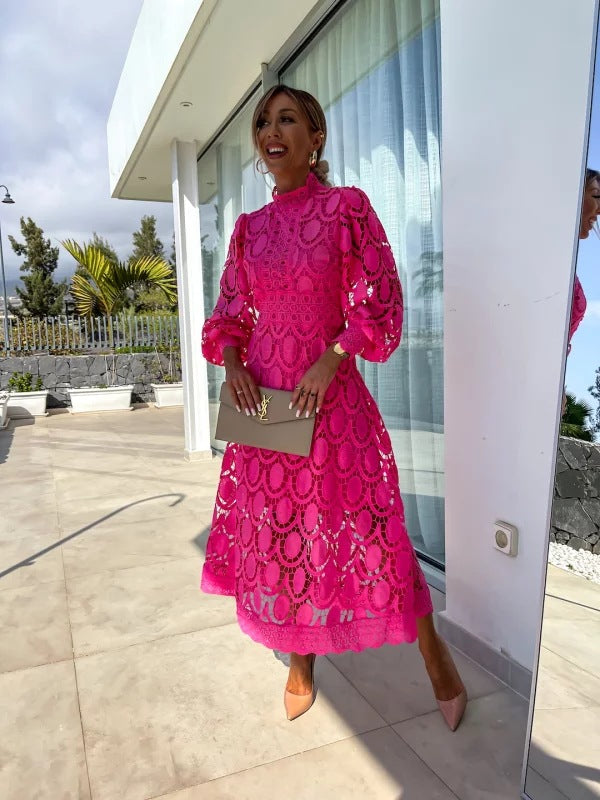 Women's Flattering Sleeves High Neckline Lace Midi Dress