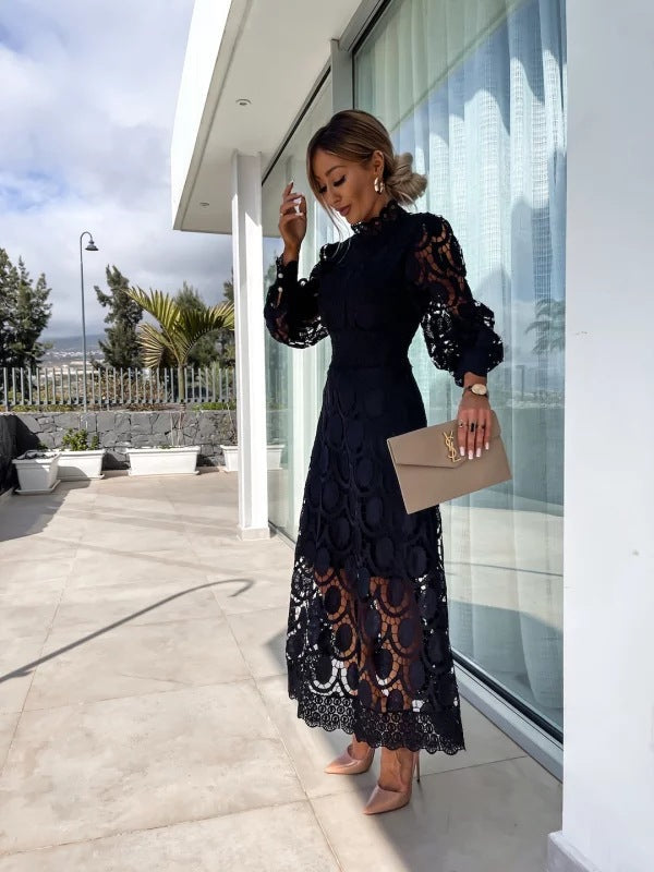 Women's Flattering Sleeves High Neckline Lace Midi Dress