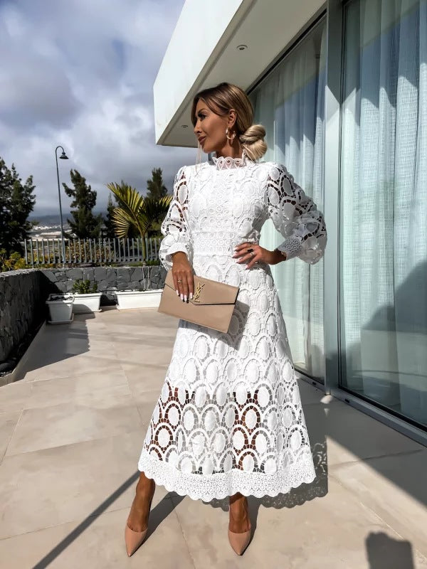 Women's Flattering Sleeves High Neckline Lace Midi Dress