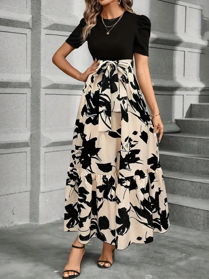 Women's Fashion Flowing Party Maxi Dress with Waist Belt and Crew Neckline