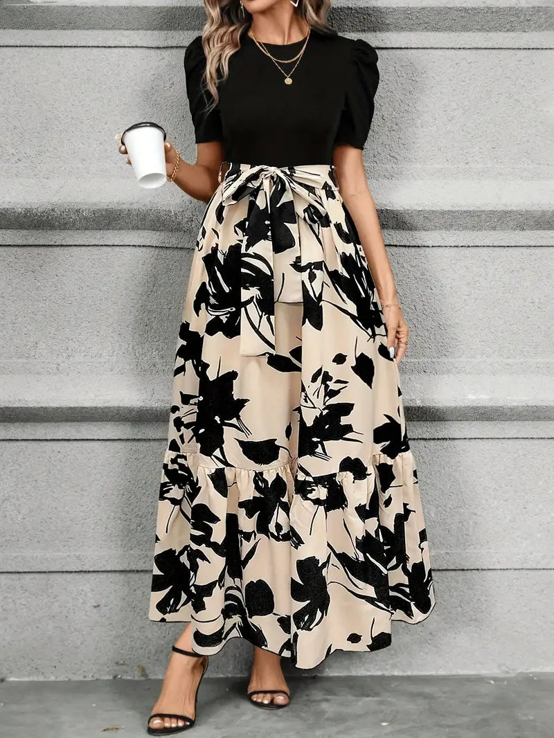 Women's Fashion Flowing Party Maxi Dress with Waist Belt and Crew Neckline