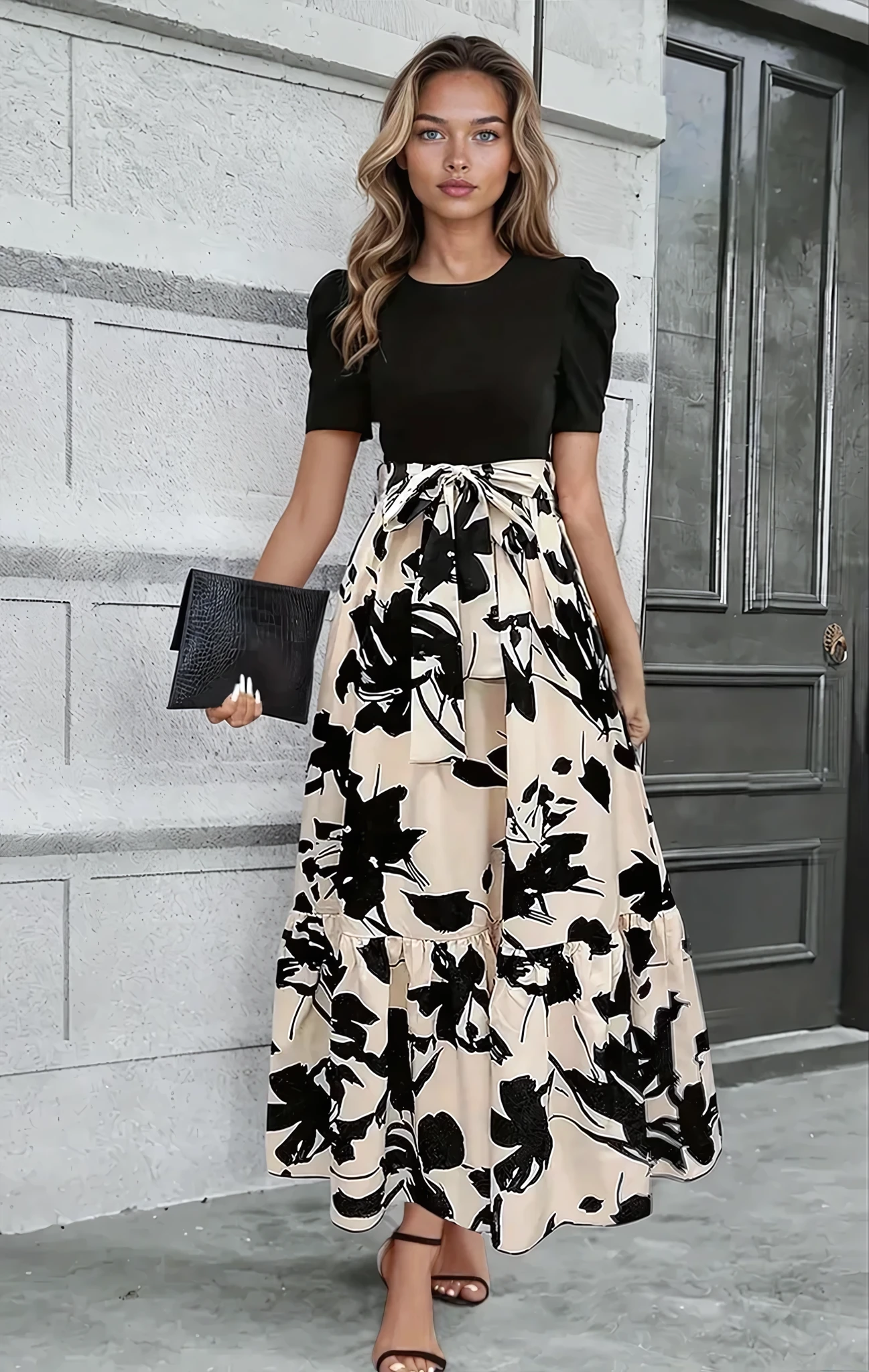 Women's Fashion Flowing Party Maxi Dress with Waist Belt and Crew Neckline