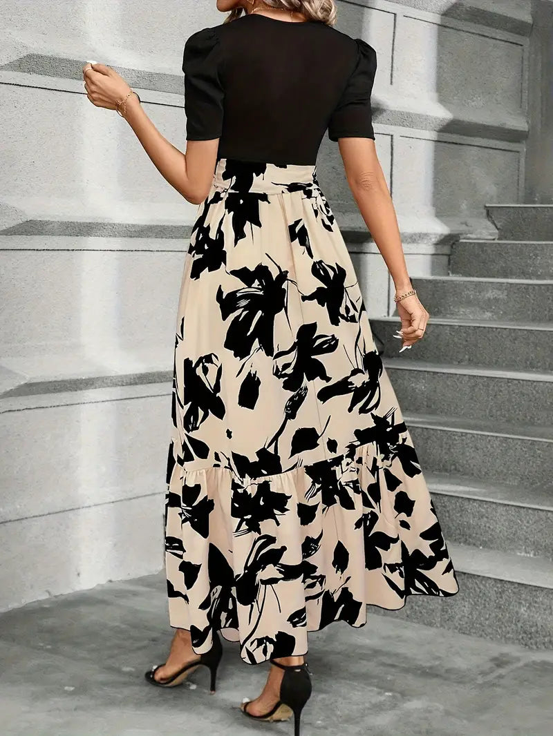 Women's Fashion Flowing Party Maxi Dress with Waist Belt and Crew Neckline