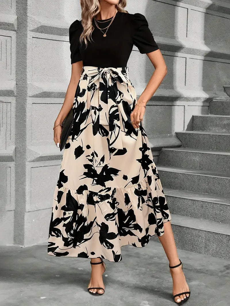 Women's Fashion Flowing Party Maxi Dress with Waist Belt and Crew Neckline