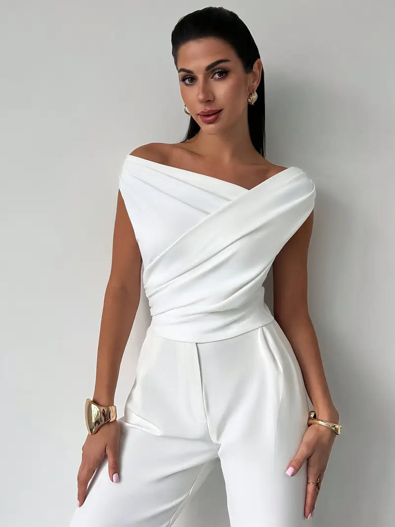 Women's Elegant Draped Shoulder Top with Subtle Cross Detail