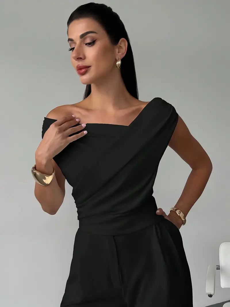 Women's Elegant Draped Shoulder Top with Subtle Cross Detail