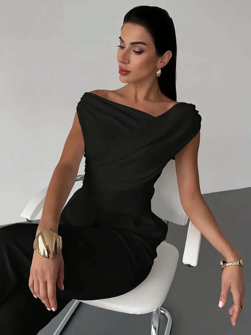 Women's Elegant Draped Shoulder Top with Subtle Cross Detail