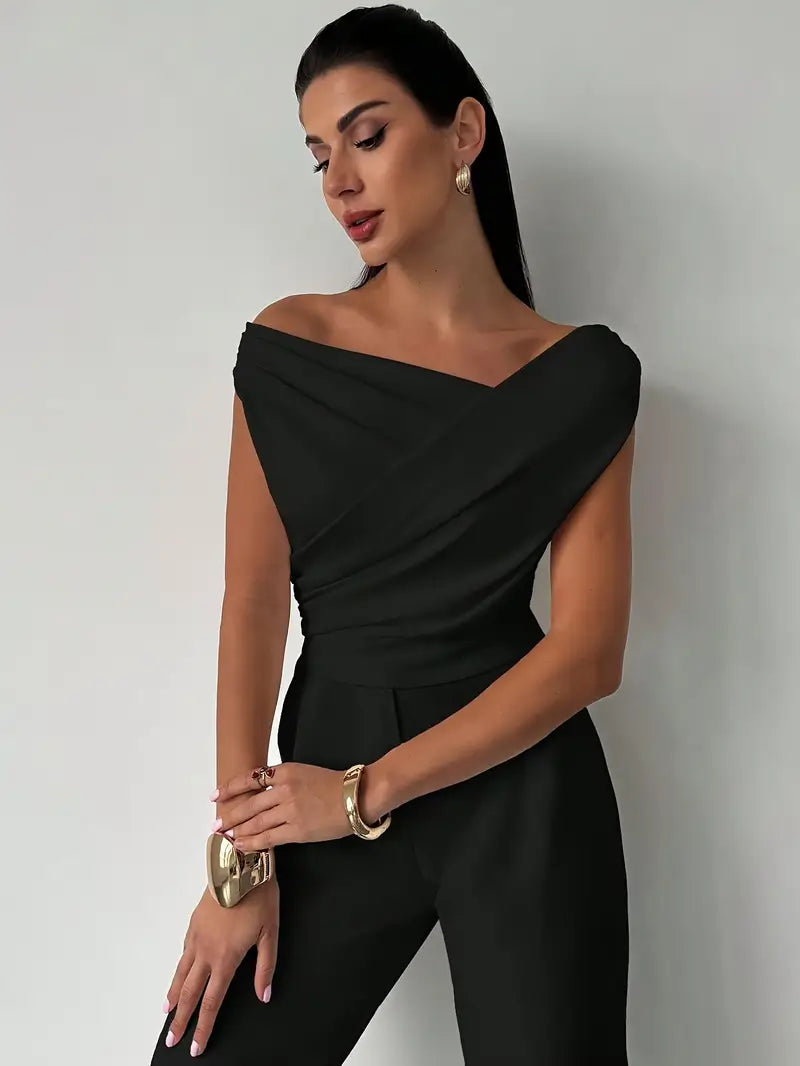 Women's Elegant Draped Shoulder Top with Subtle Cross Detail