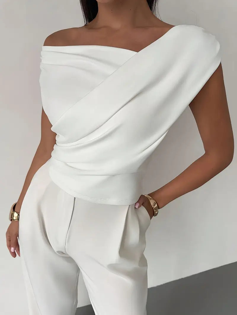 Women's Elegant Draped Shoulder Top with Subtle Cross Detail