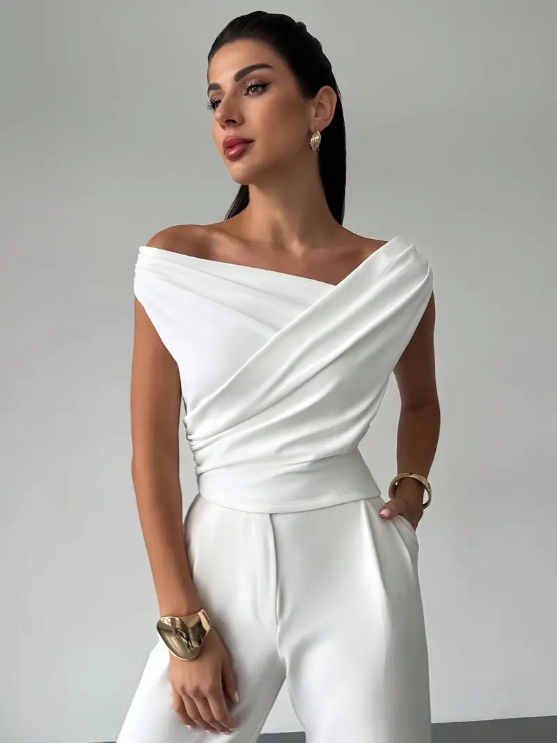 Women's Elegant Draped Shoulder Top with Subtle Cross Detail