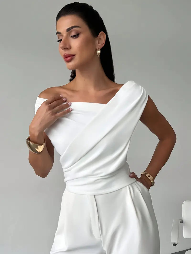 Women's Elegant Draped Shoulder Top with Subtle Cross Detail