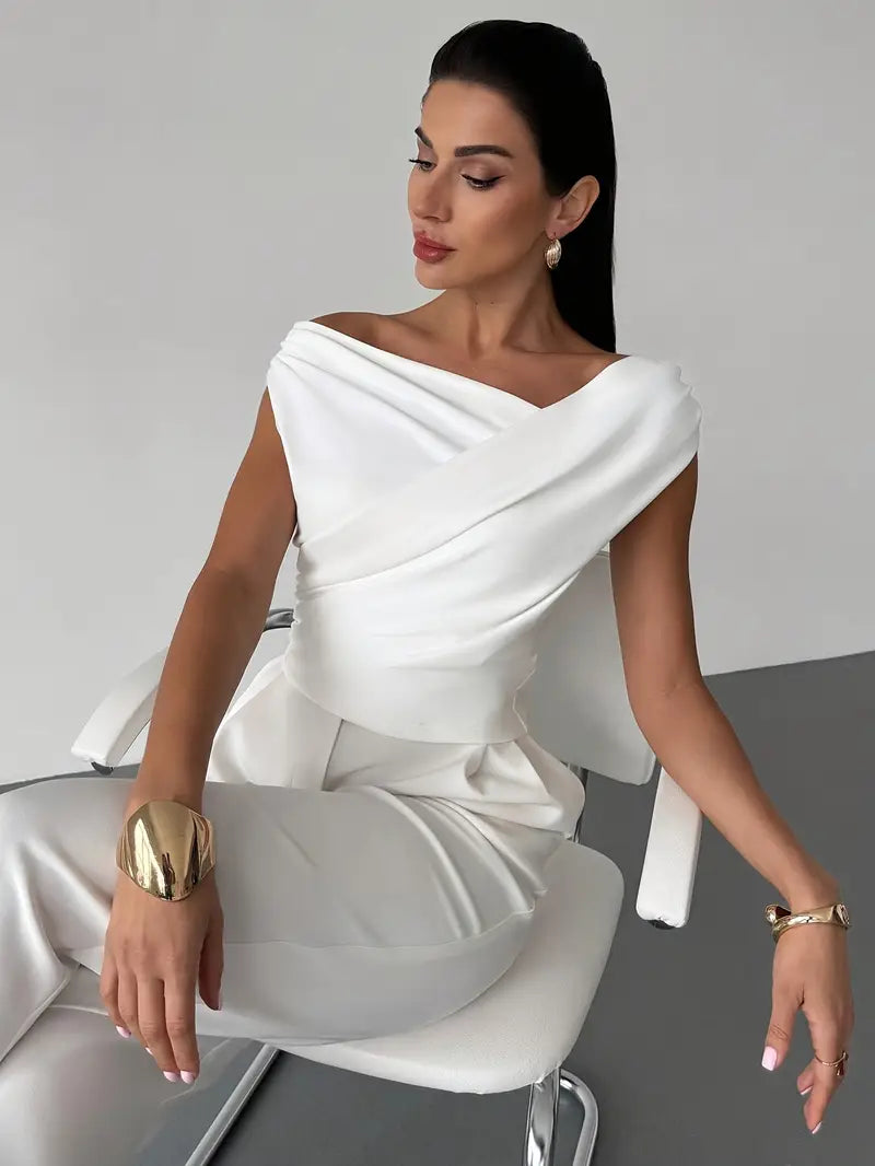 Women's Elegant Draped Shoulder Top with Subtle Cross Detail
