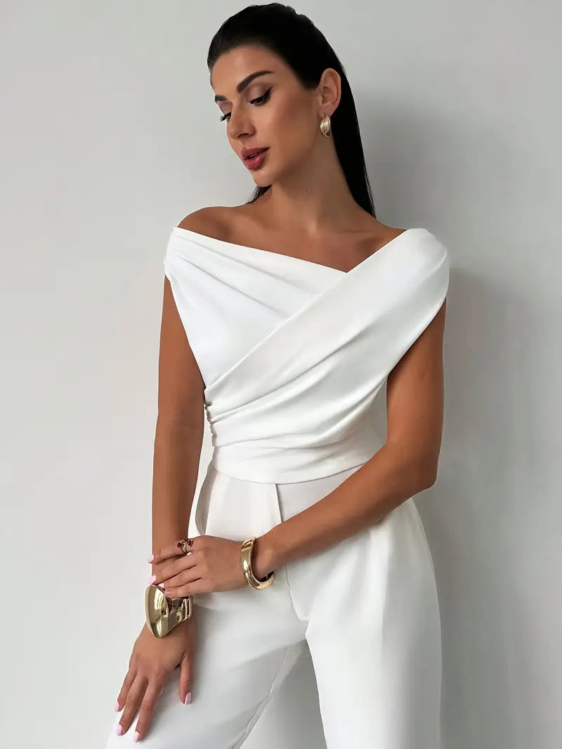 Women's Elegant Draped Shoulder Top with Subtle Cross Detail